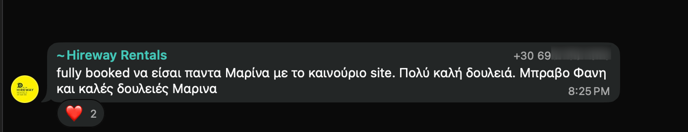 Hireway Rentals για τη Localle: "fully booked να είσαι παντα με το καινούριο site. Πολύ καλή δουλειά. Μπραβο Φανη και καλές δουλειές"